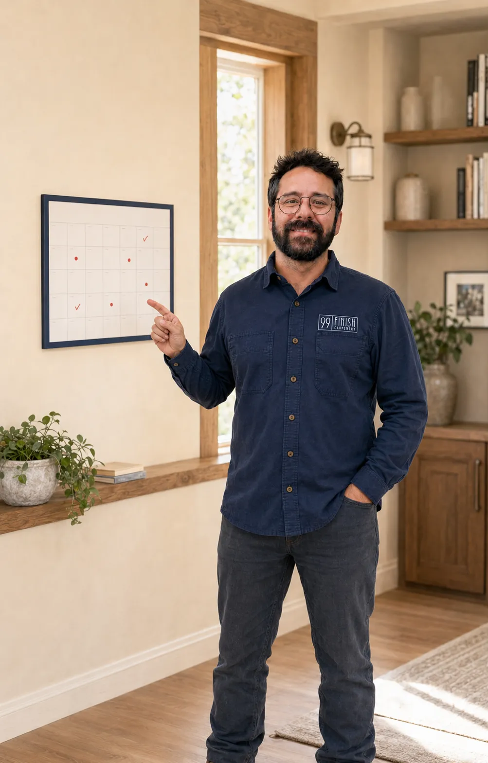 A man with glasses and a beard, wearing a dark blue button-up shirt, points to a whiteboard with red dots and check marks on it, standing in a cozy room with wooden accents and plants.