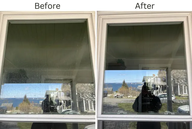 Window cleaning before and after coastal view home Massachusetts South Shore streak-free glass