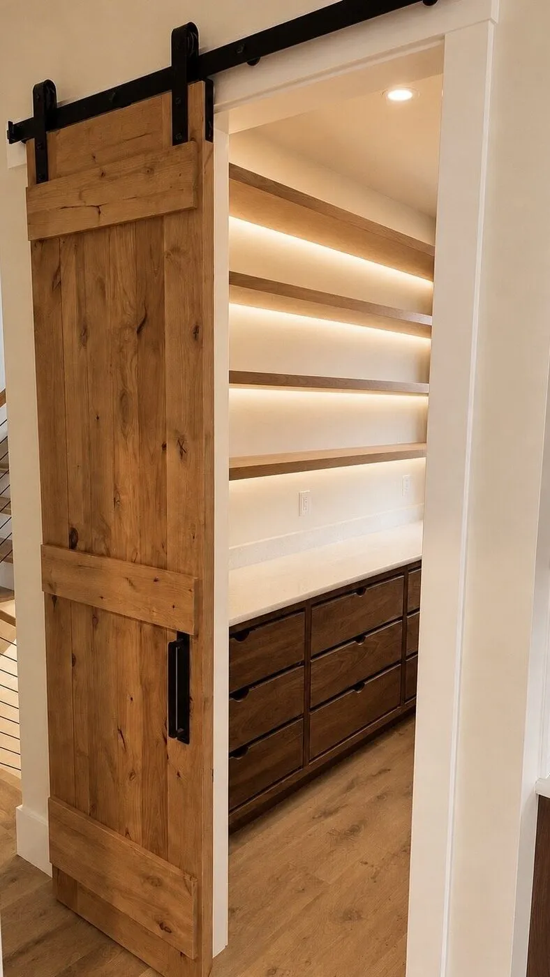 Panel door with clean casing set between built-in shelving and drawers