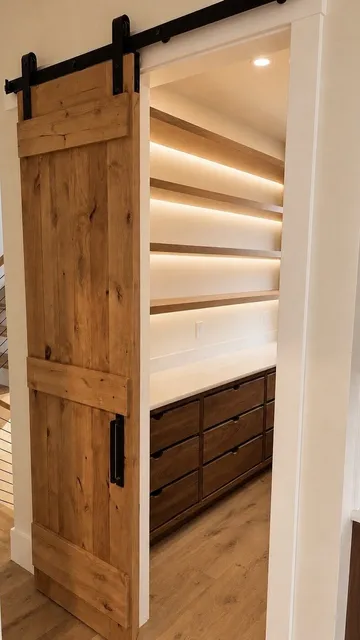 Panel door with clean casing set between built-in shelving and drawers