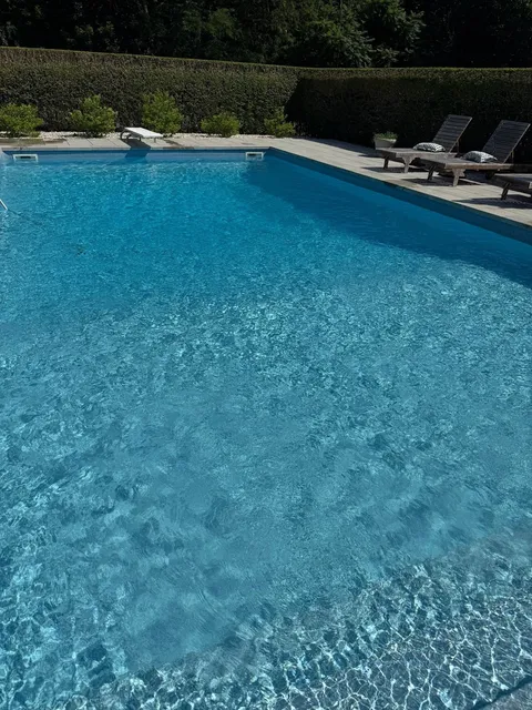 A clear rectangular pool framed by tall hedges