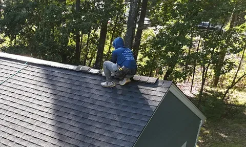 Person in blue jacket crouches on a gray shingled roof beside trees.