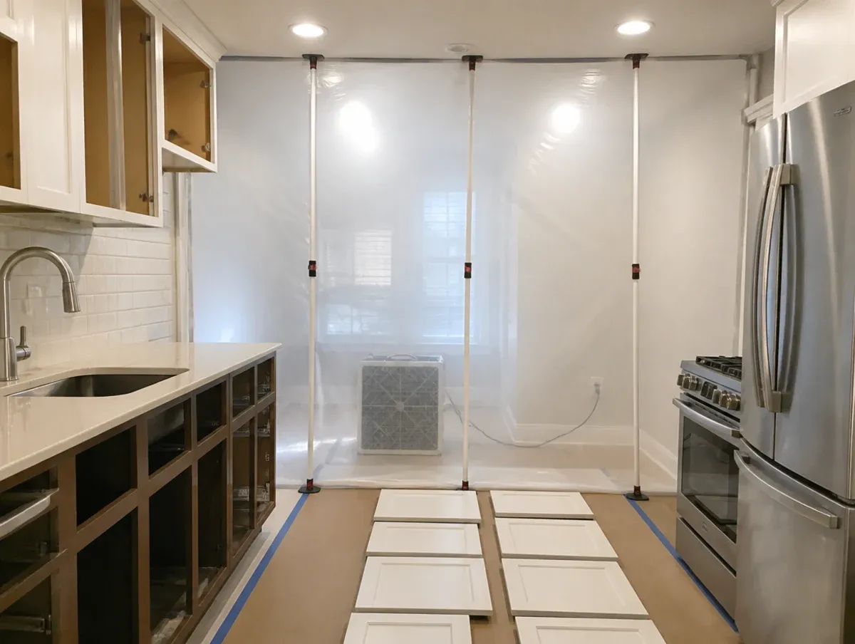 Clean, dust-contained cabinet refinishing workspace in a Boston condo