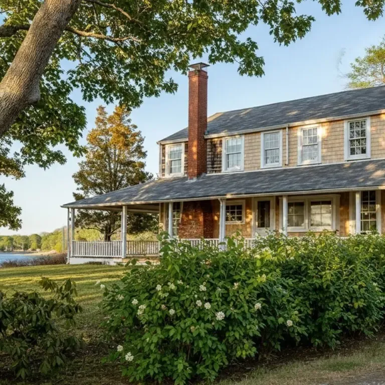 Classic New England home with white wraparound porch, brick chimney, and waterfront views surrounded by manicured gardens and mature trees.