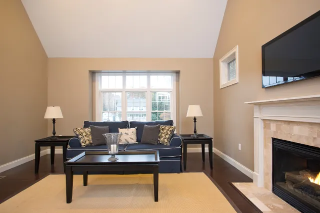 Living room with fireplace and built-ins