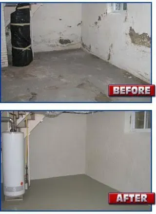 Basement corner before and after waterproofing, with repaired white walls and clean gray floor