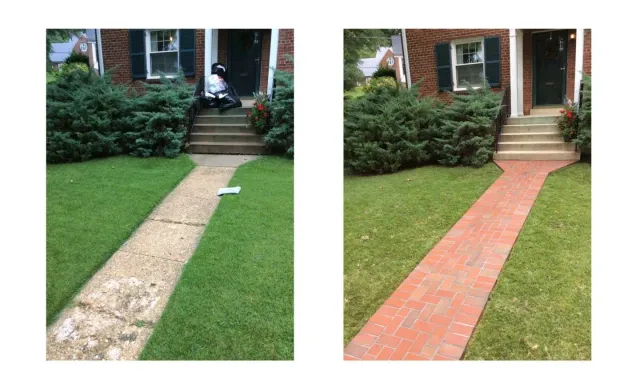 Front walkway with stone pavers and gravel leading to a white house with a red door and porch.
