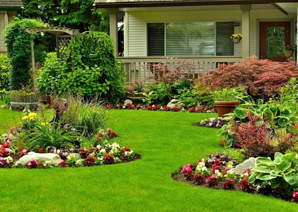 Lush residential front yard with mixed perennial garden beds and manicured lawn representing KRD Landscaping garden design services in Massachusetts