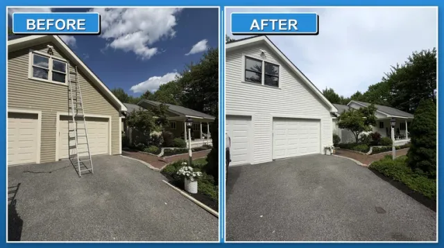Before and after comparison of a house exterior. Before shows ladder leaning on garage; after shows clean garage without ladder.
