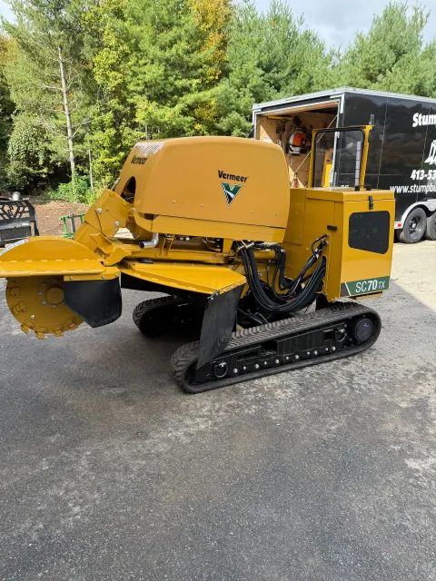 Yellow and black stump grinder on tracks, parked on pavement, next to a trailer.