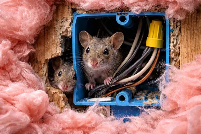 Mice nesting inside an electrical outlet box surrounded by insulation in a New Hampshire home, a serious rodent control issue