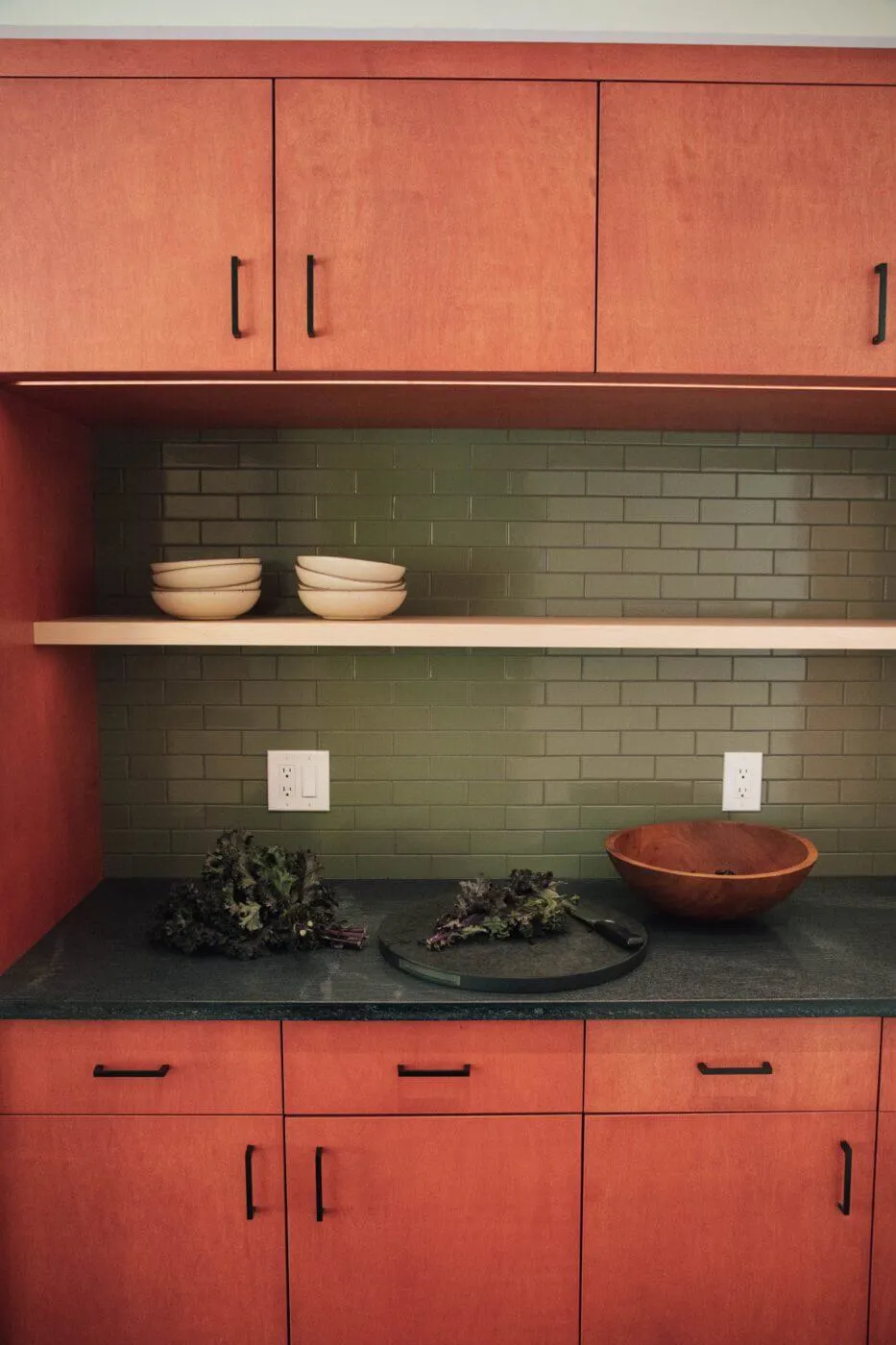 Modern Cabinets in red with floating shelf. modern red kitchen cabinet boxco studio kitchen red finish plywood cabinets mcm