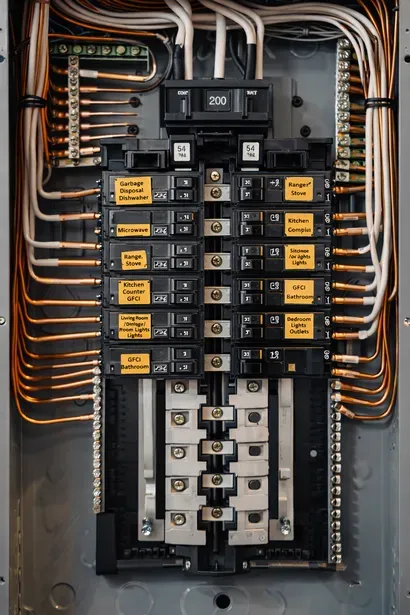 Open electrical service panel with a main 200-amp breaker and multiple branch circuit breakers with wire connections.