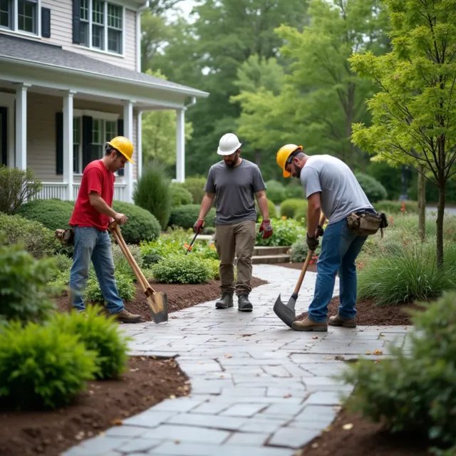 Inova crew installing a bluestone walkway and planting beds at a Wellesley, MA home