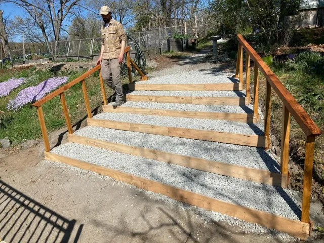 Recently wrapped up these dual purpose stairs. Custom-milled locust and oak. These diffuse water to correct erosion at a major runoff point, and they improve access to the garden&rsquo;s upper level.