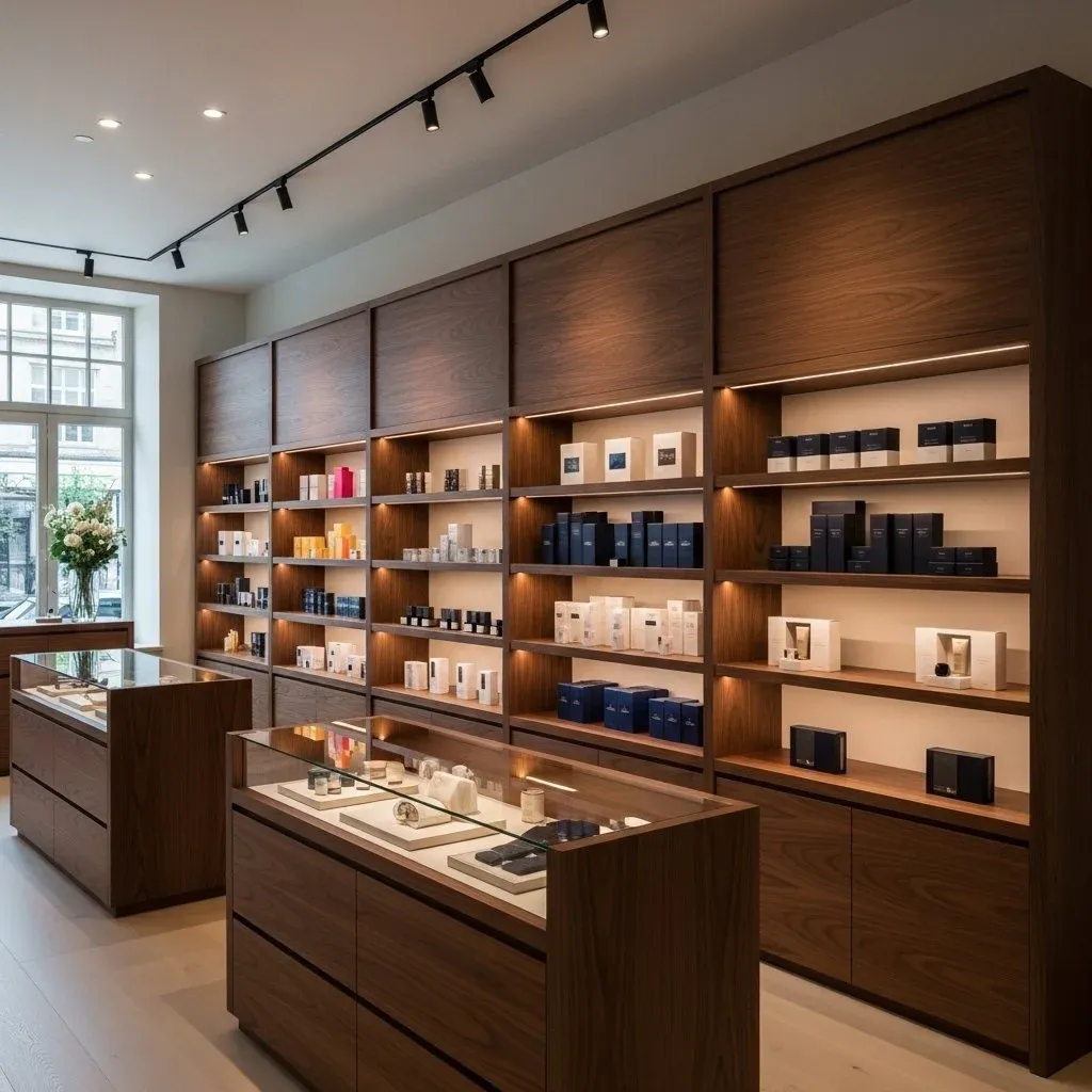 Empty wooden bookshelves inside a bright store or library with large windows showing parking lot and cars outside.