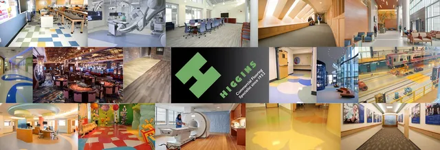 Higgins Commercial Flooring projects collage with logo