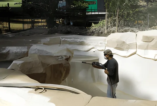 Worker cleaning empty pool with hose