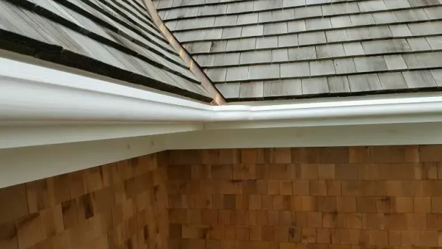 White gutter and trim along a brown shingled roof and wood-clad exterior wall.