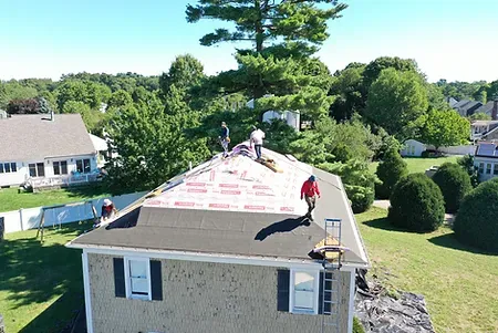 Full roof replacement project in Duxbury, Massachusetts with high-quality asphalt shingles and professional installation.