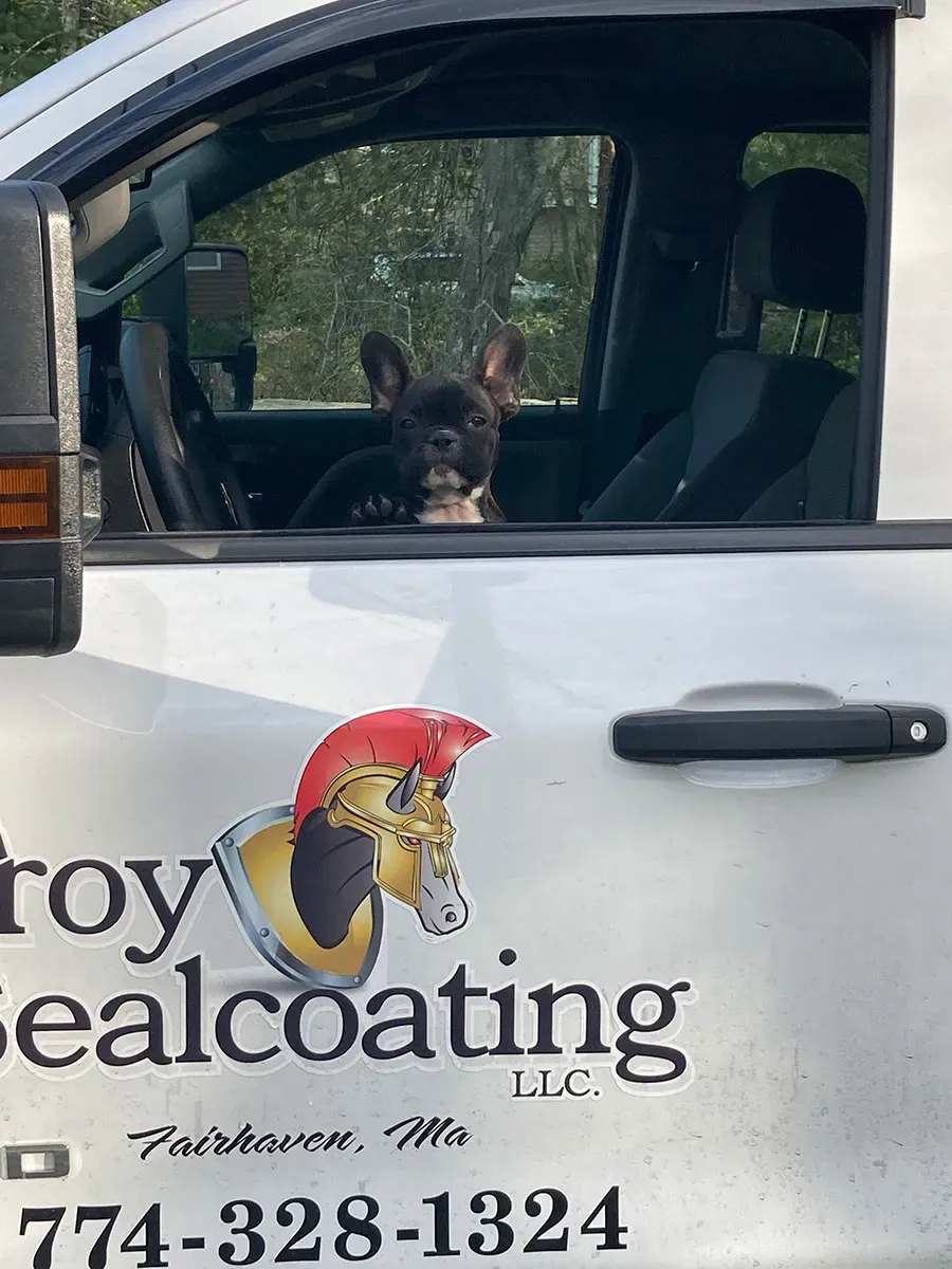 Troy Sealcoating LLC service truck with a dog in the front seat
