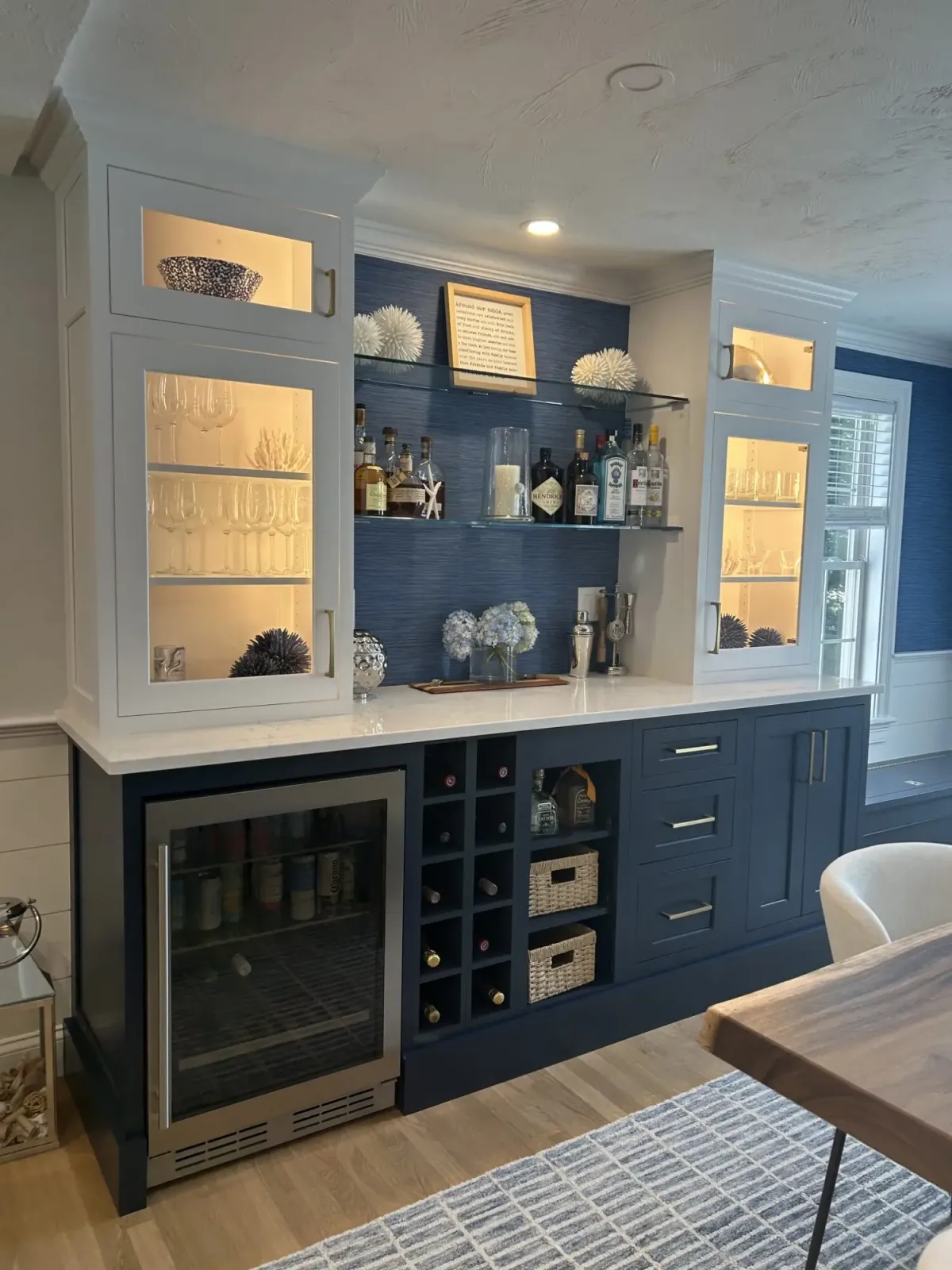 Navy and white built-in home bar