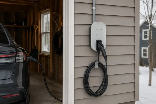 Electric vehicle charging station mounted on house exterior wall with black cable connected to parked car in garage