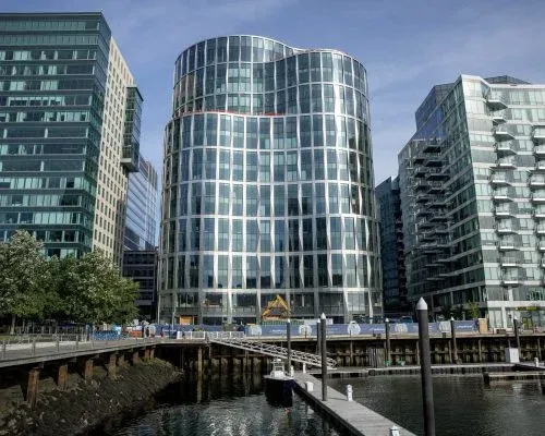 The new Mass Mutual building under construction at Boston's Seaport. (Robin Lubbock/WBUR)