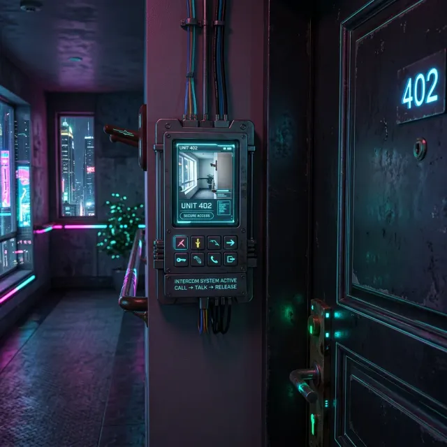 Video intercom system mounted on wall beside apartment door number 402