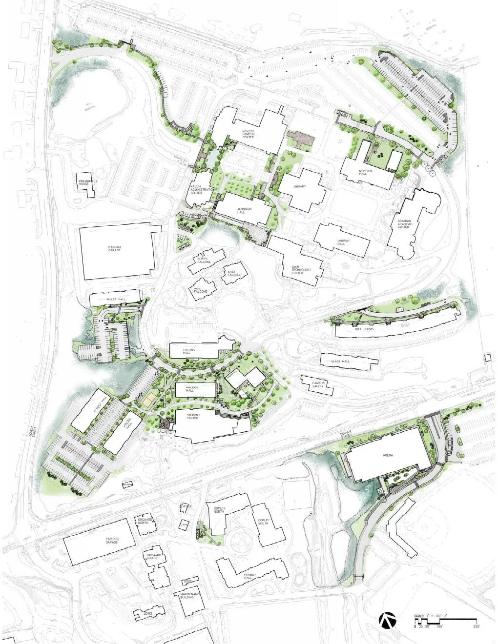Rendered areas show Bentley's campus work by Pate LA.