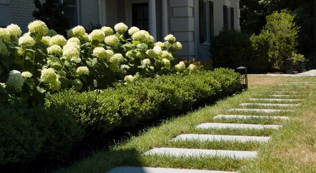 Hydrangea border along a stepping stone walkway