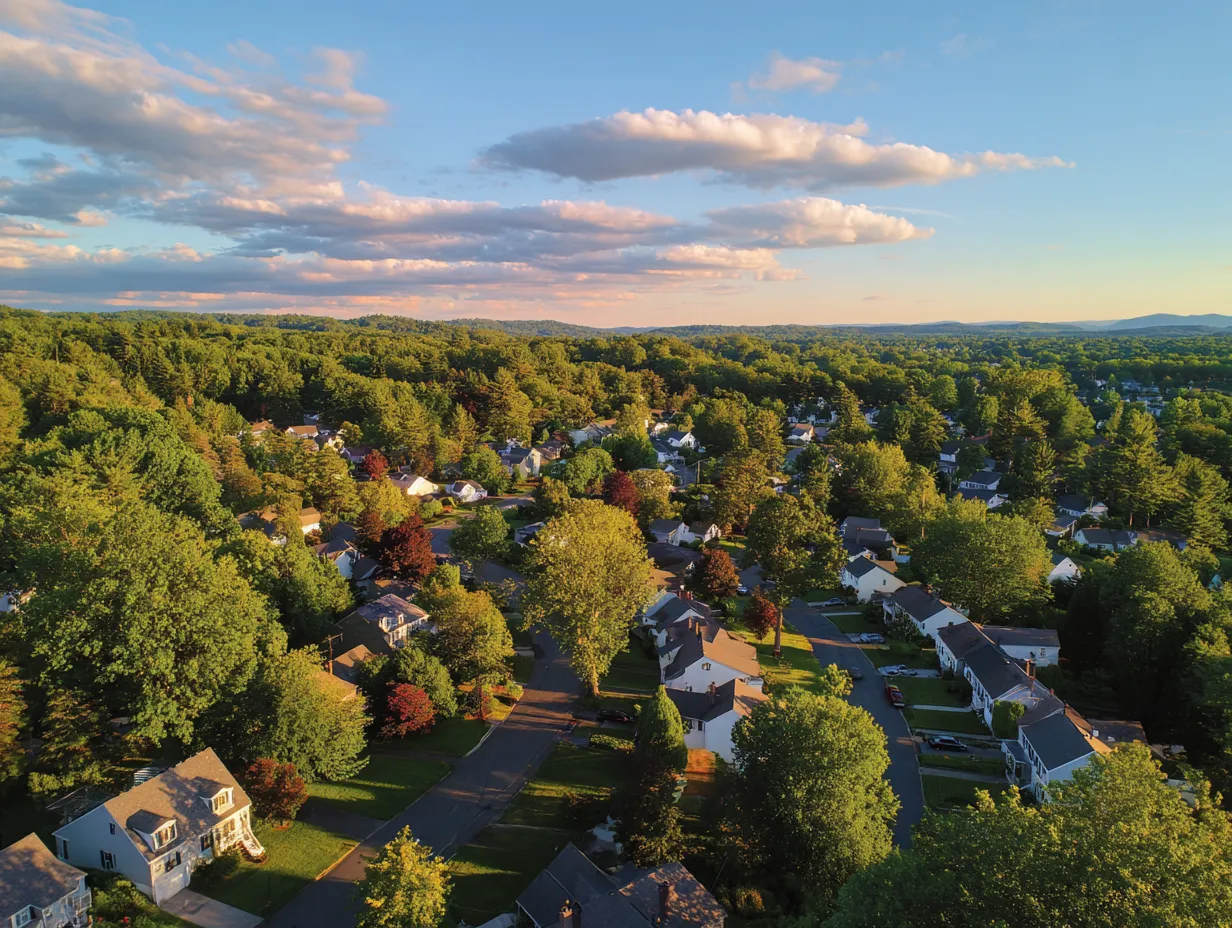 Aerial view of New England neighborhood at sunset