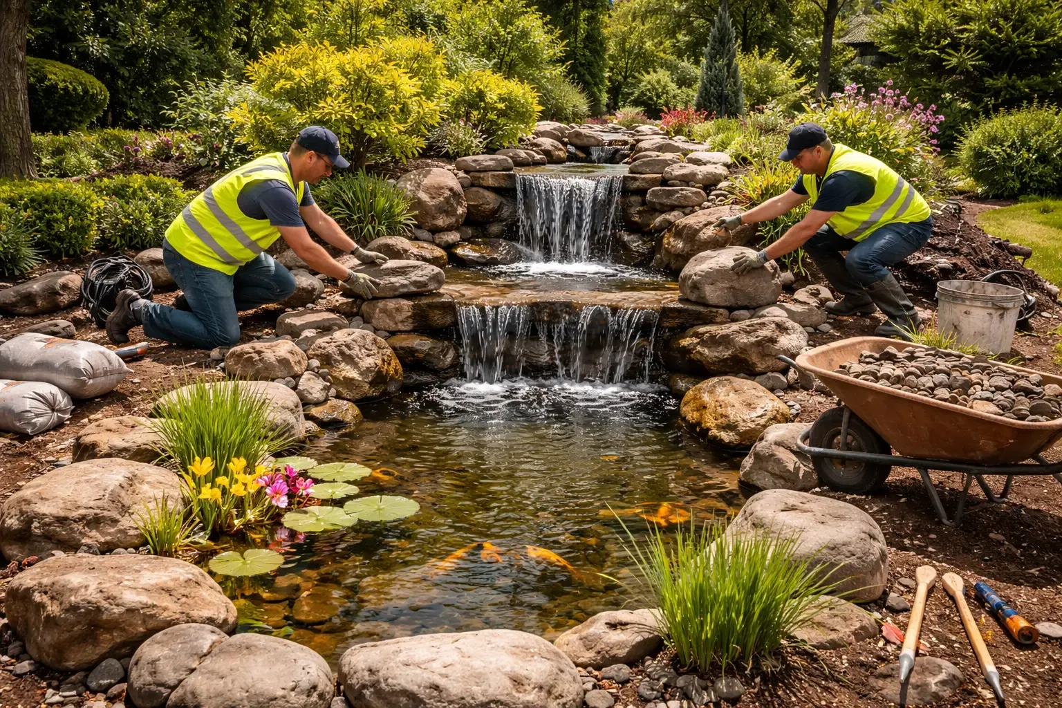 Workers placing stones around a backyard pond with waterfall, creating a natural water feature surrounded by plants and landscaping
