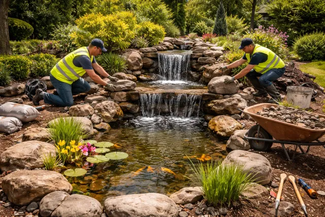 Workers placing stones around a backyard pond with waterfall, creating a natural water feature surrounded by plants and landscaping