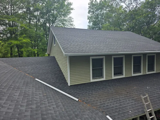 A house with a black roof and a ladder on the roof.