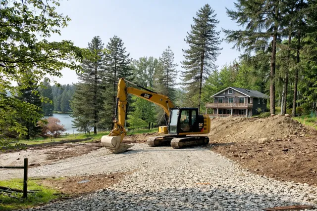 Construction excavator on a cleared, gravel-covered area near a lake, surrounded by tall pine trees and a house in the background.