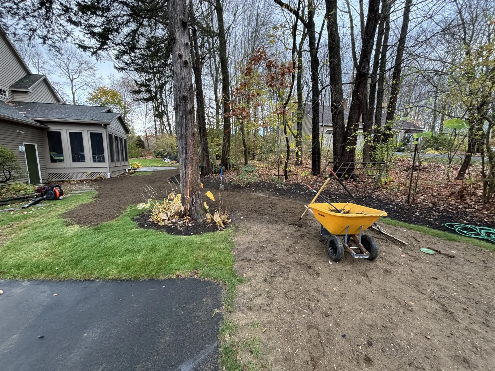 Backyard with ongoing landscaping, a tree in the center, a yellow wheelbarrow, and some gardening tools. The area has patches of grass, dirt, and a nearby house with a screened porch.