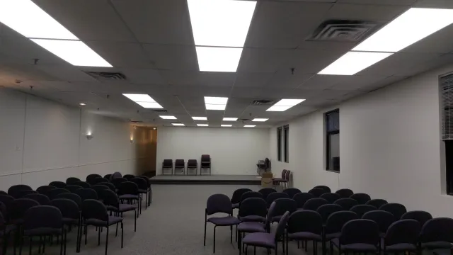 Commercial electrical lighting installation with LED ceiling fixtures completed by M&J Electrical Contractors.