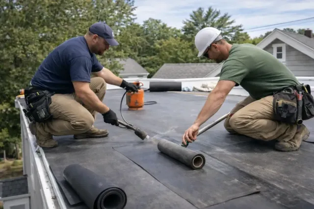 Two roofers applying flat roofing material, demonstrating professional installation techniques for storm damage repair on a residential property.