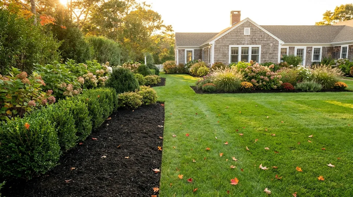 Immaculately maintained estate garden beds with fresh mulch