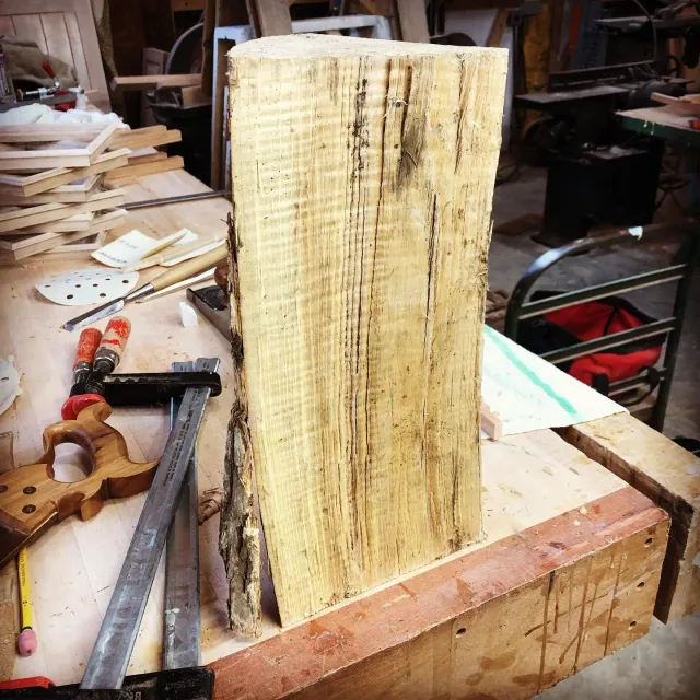 A while back I posted about finding this nice curly Ash piece in the firewood pile that I had to save. Well, fast forward a couple months, and I saw my poor leather-handled Estwing hammer that had gotten wet, and lost half of the handle rings- it was