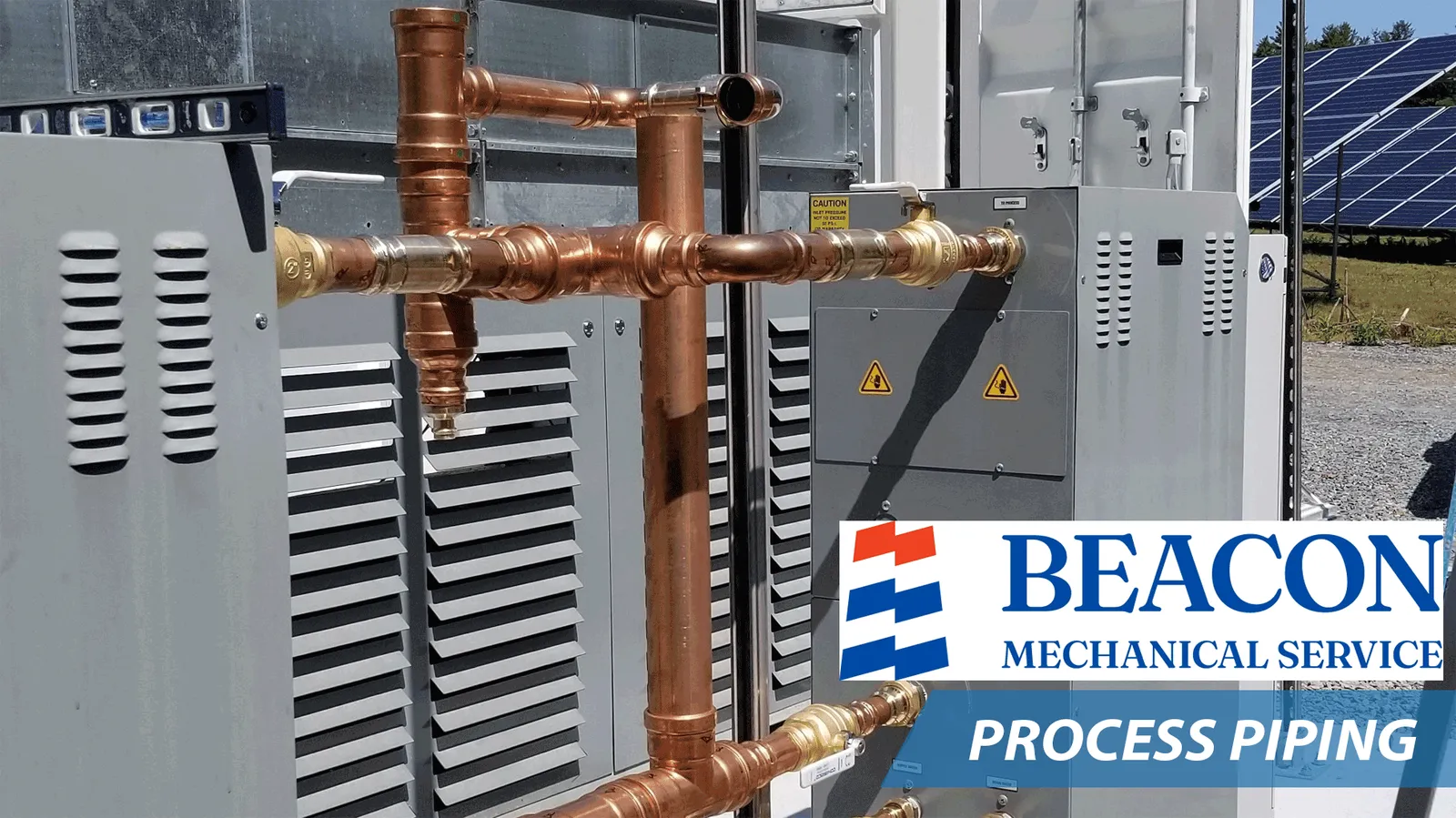 Process piping installation by Beacon Mechanical Service, featuring copper and brass components for commercial mechanical systems in the Greater Boston area.