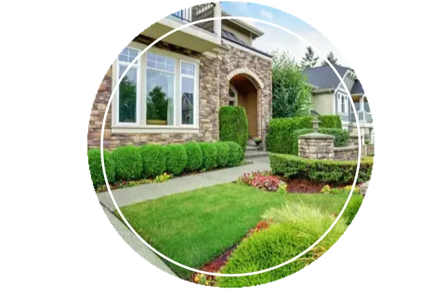 A picture of a house with bushes and flowers.