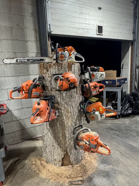 A rack of chainsaws of several sizes hanging on a post at the entrance to the shop