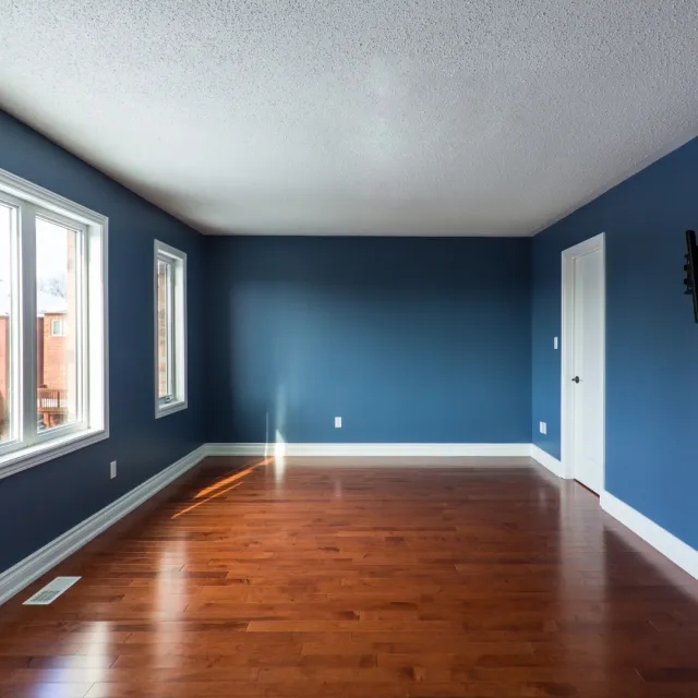 Empty room with blue walls, white trim, hardwood floors, three large windows, a closed door, and a flat screen mounted on the wall.