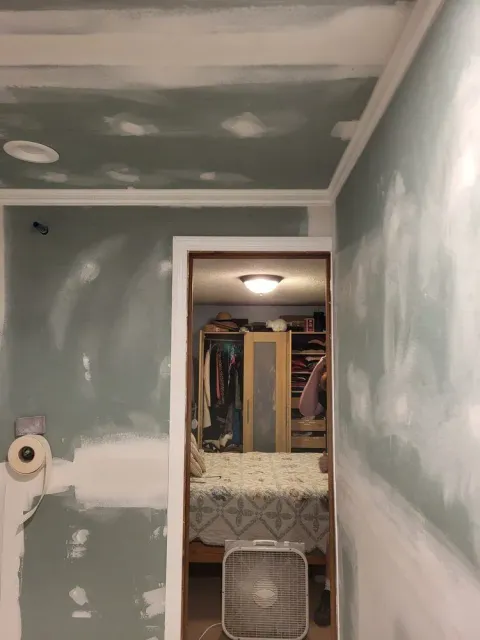 Partially painted room with green walls, white ceiling patches, and an open doorway to a cluttered closet area.