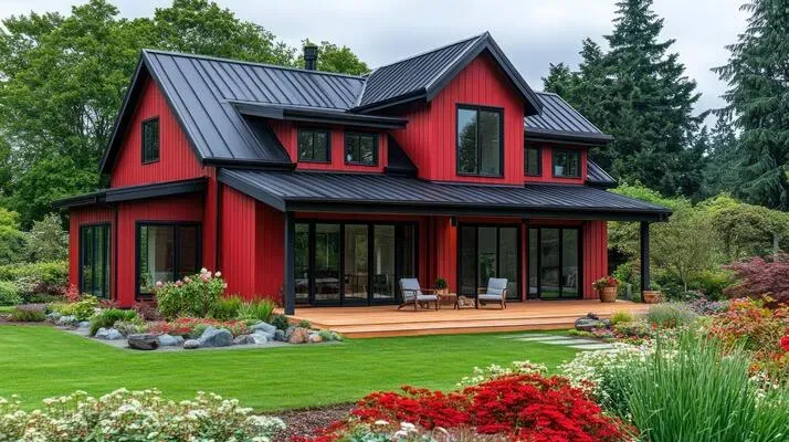 modern-red-barn-style-home-with-black-metal-roof-and-lush-landscaping-photo