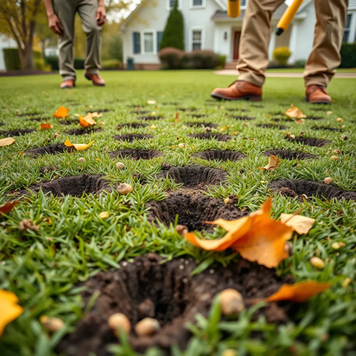 Soil plugs left on a lawn after core aeration in Whitman, MA