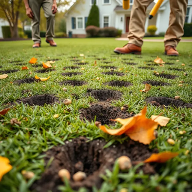 Soil plugs left on a lawn after core aeration in Whitman, MA