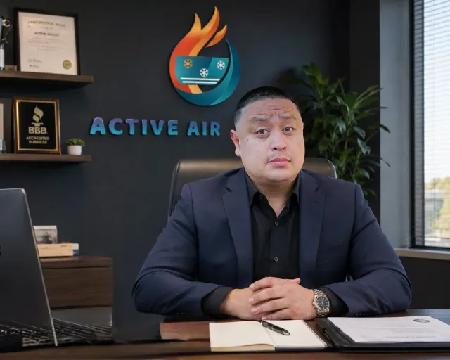 Man in business suit sitting at his desk in an office with a logo that says 'Active Air' on the wall behind him.